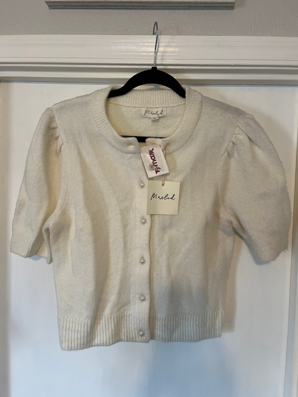 NWT Marled Cream Short-Sleeve pearl Button Cardigan Sweater
